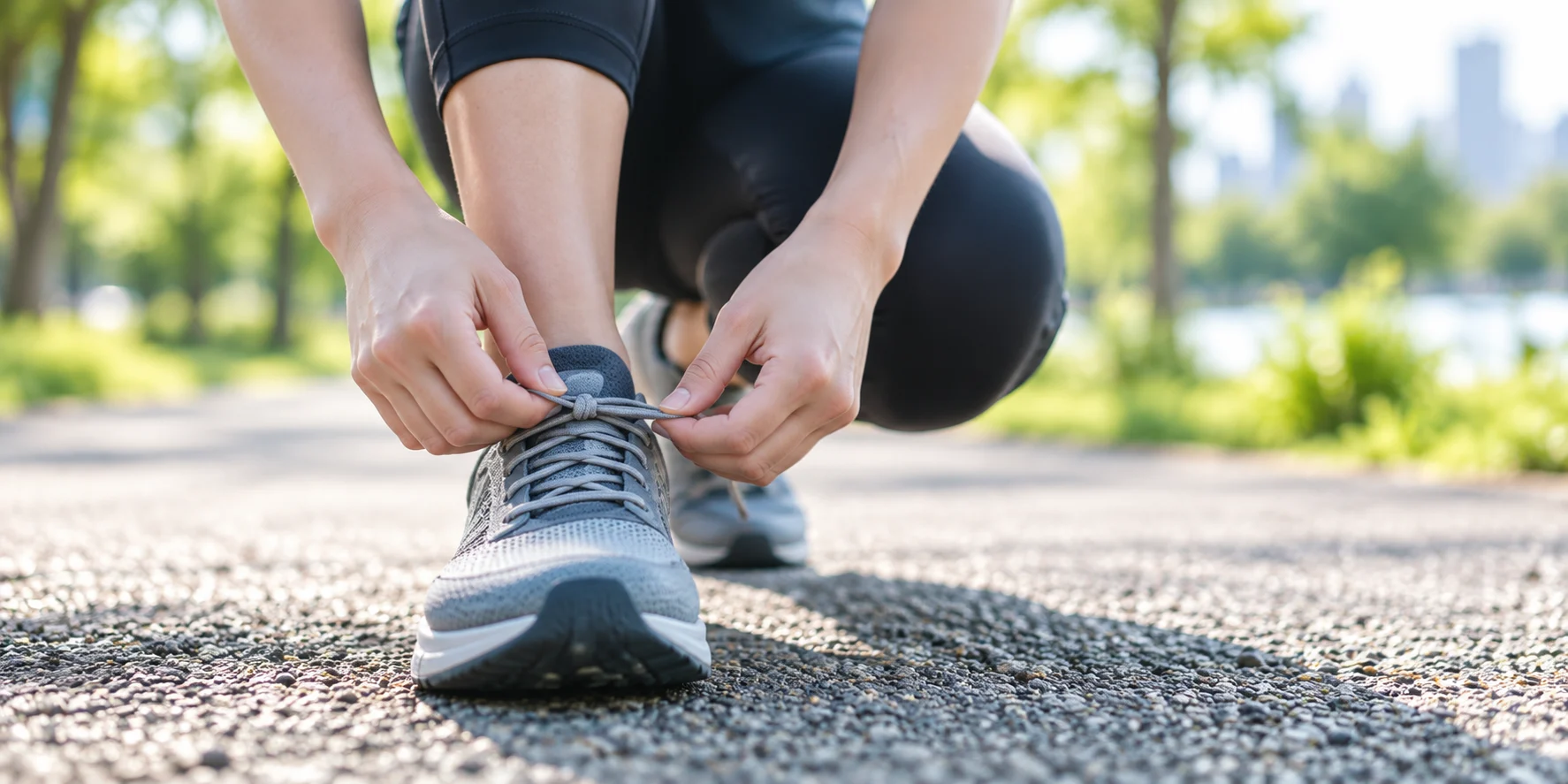 運動前にランニングシューズの靴ひもを結ぶ様子